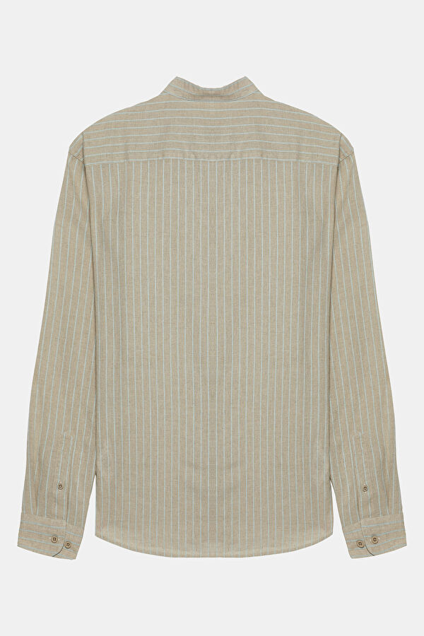 Natural Striped Patterned Mandarin Collar Cotton/Linen Men's Shirt 2