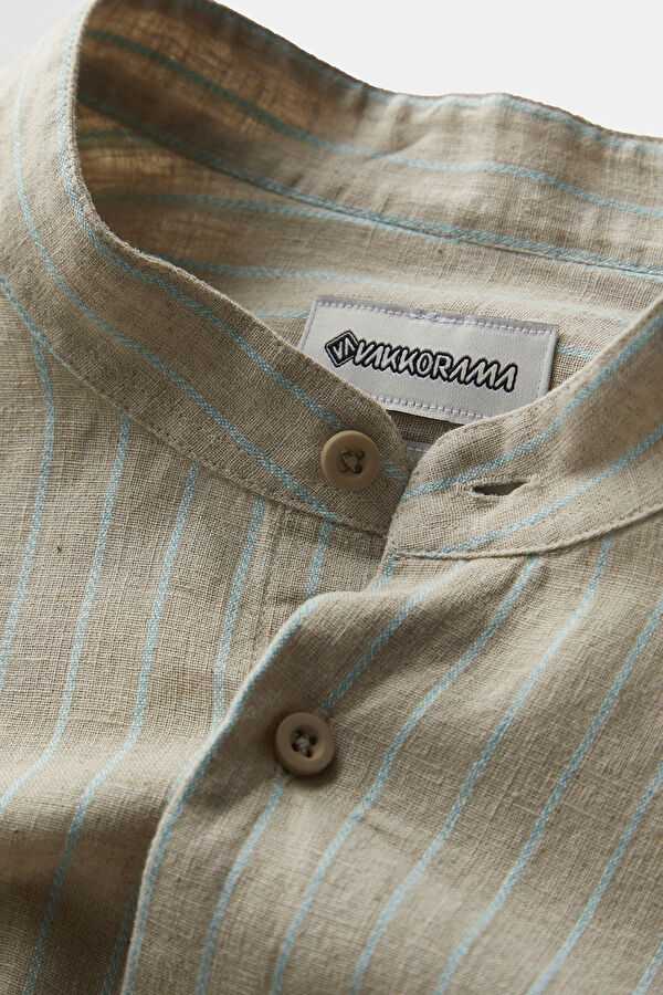 Natural Striped Patterned Mandarin Collar Cotton/Linen Men's Shirt 3