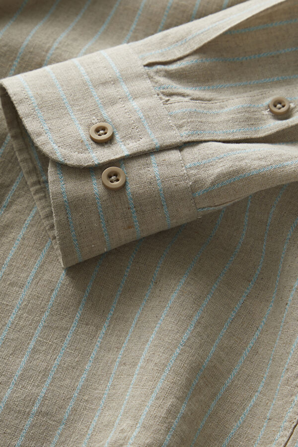 Natural Striped Patterned Mandarin Collar Cotton/Linen Men's Shirt 4