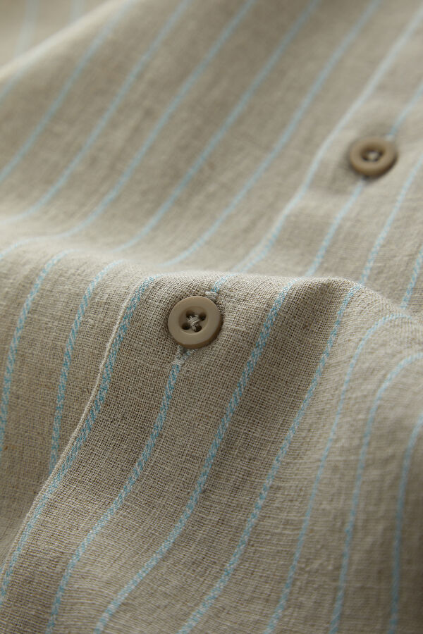 Natural Striped Patterned Mandarin Collar Cotton/Linen Men's Shirt 5