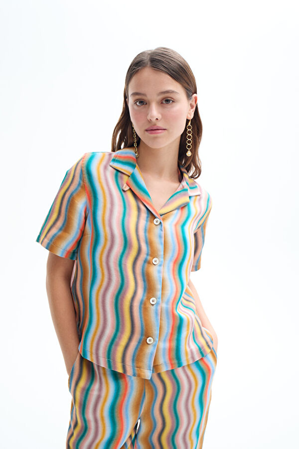 Multicolored Patterned Mandarin Collar Women's Shirt