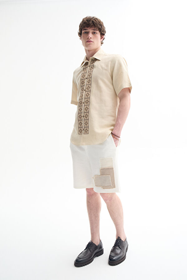 Ecru Men's Shorts with Trim Details