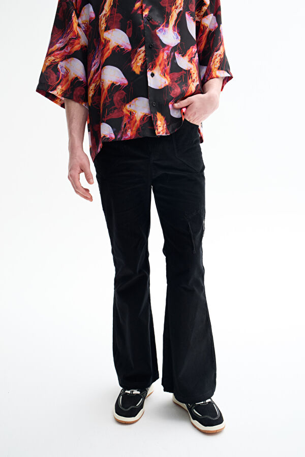 Slim Fit Black Wide Leg Velvet Men's Trousers 2