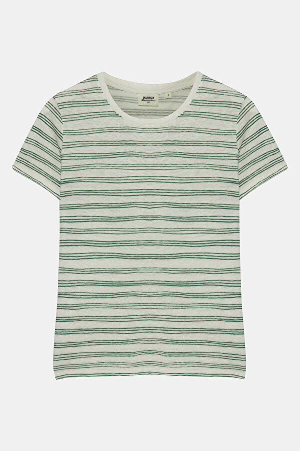 Beyaz O Yaka Çizgili Desenli Kadın T-Shirt