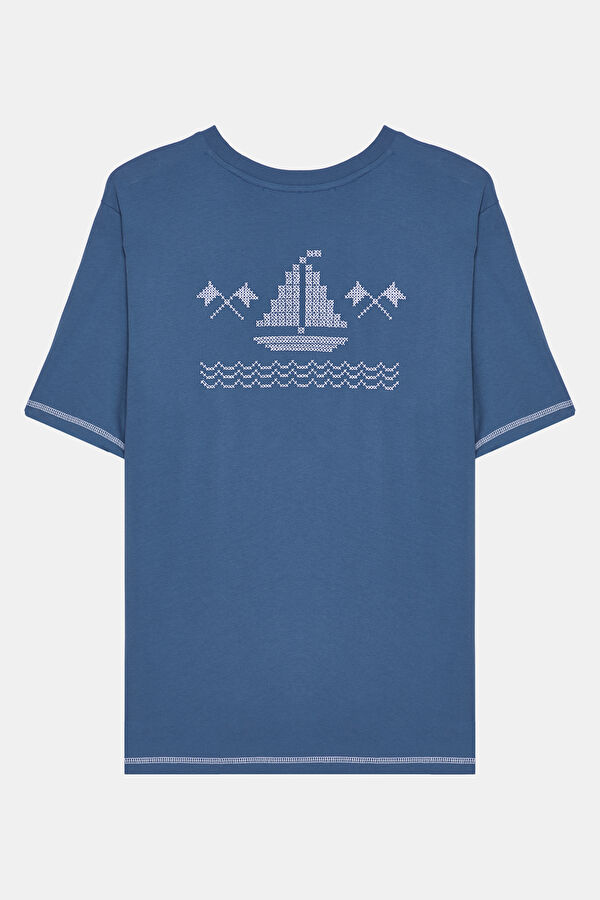 Blue Crew Neck Embroidered Men's T-Shirt 5