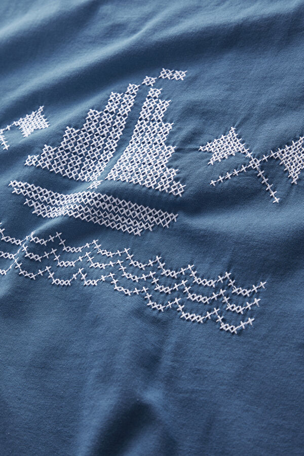 Blue Crew Neck Embroidered Men's T-Shirt 8