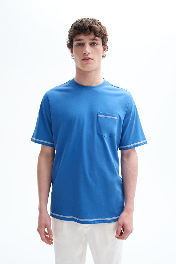 Blue Crew Neck Embroidered Men's T-Shirt
