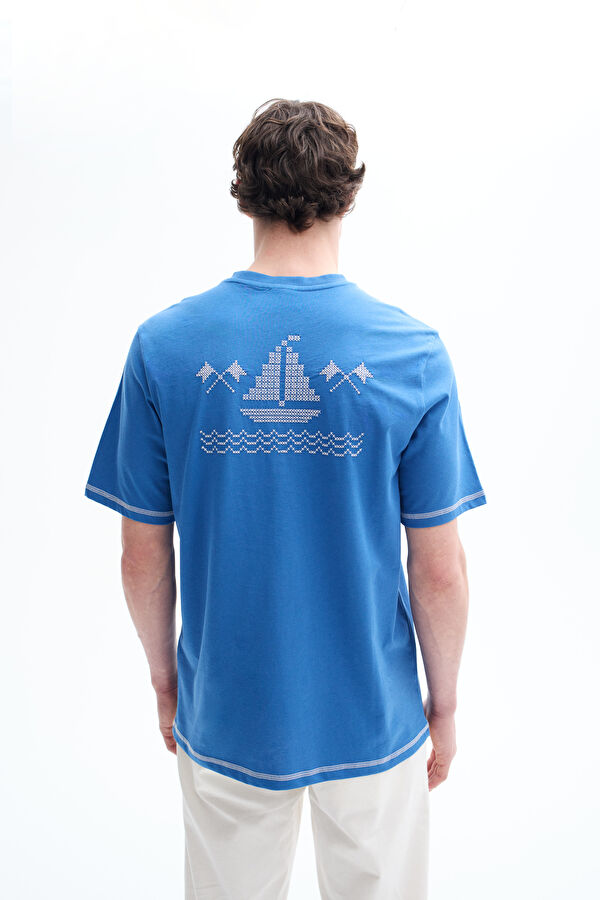 Blue Crew Neck Embroidered Men's T-Shirt 2