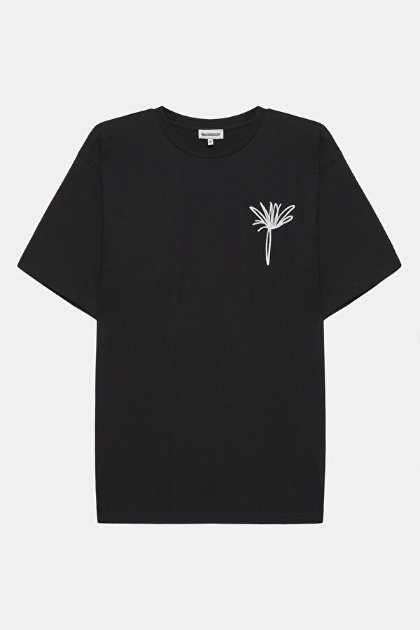 Siyah Bisiklet Yaka Nakışlı Erkek T-Shirt