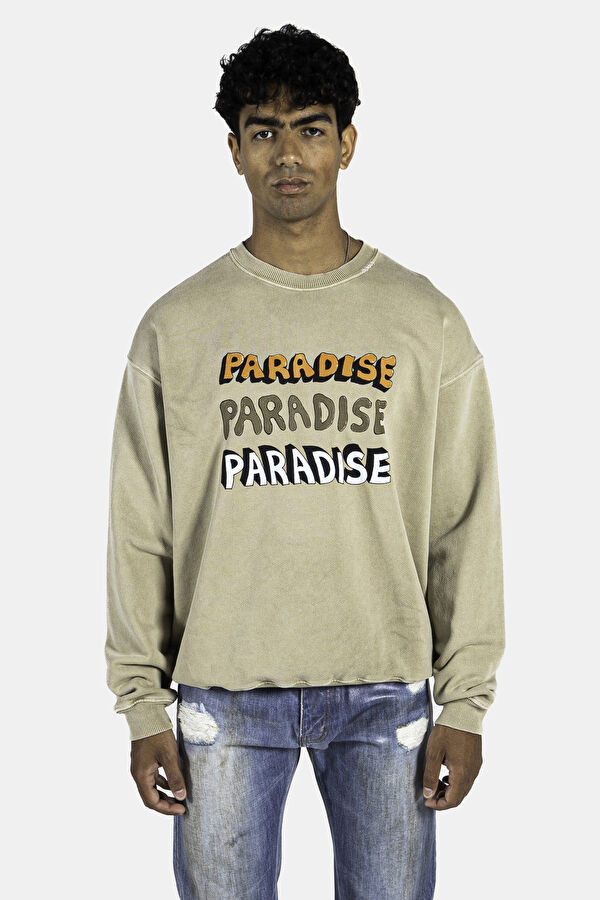 Bej Oversize Bisiklet Yaka Sweatshirt