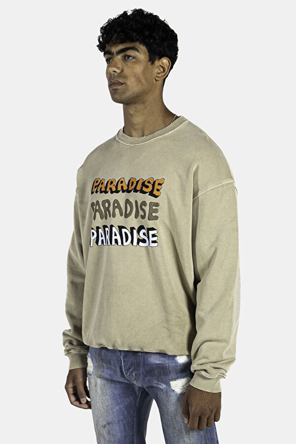 Bej Oversize Bisiklet Yaka Sweatshirt 3