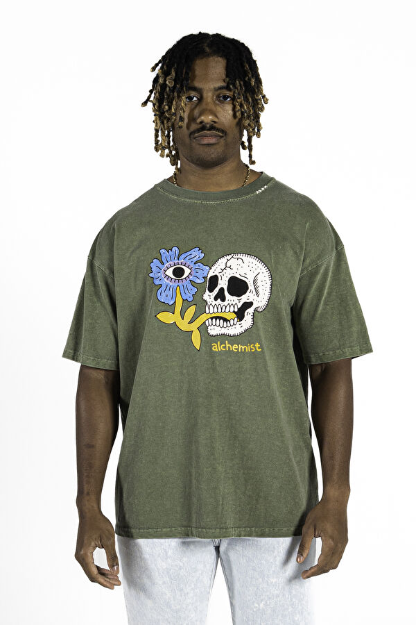 Oversize Haki Bisiklet Yaka Baskılı T-Shirt