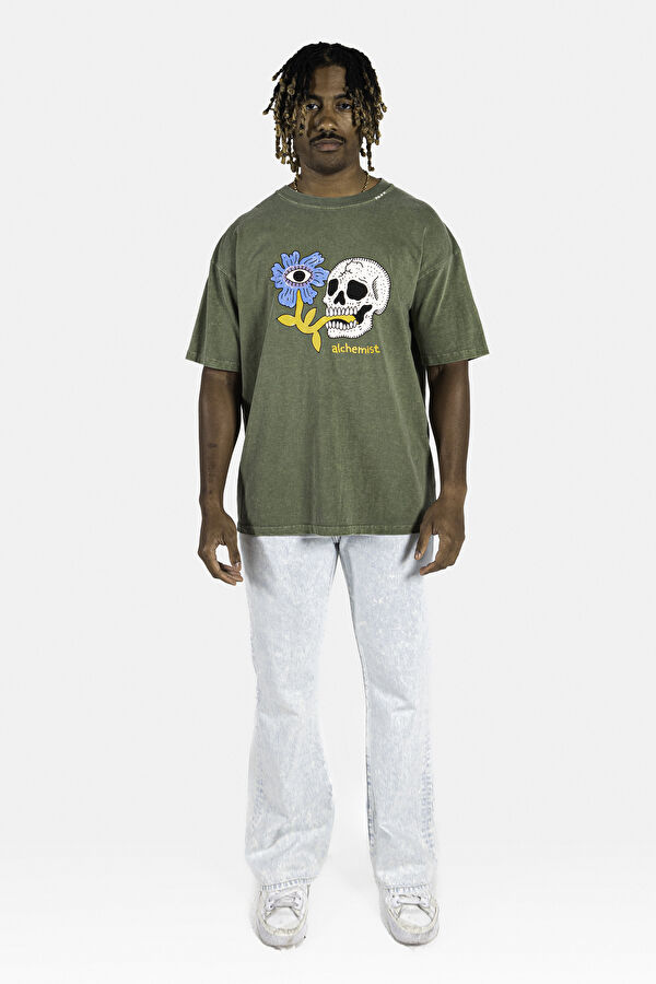 Oversize Haki Bisiklet Yaka Baskılı T-Shirt 2