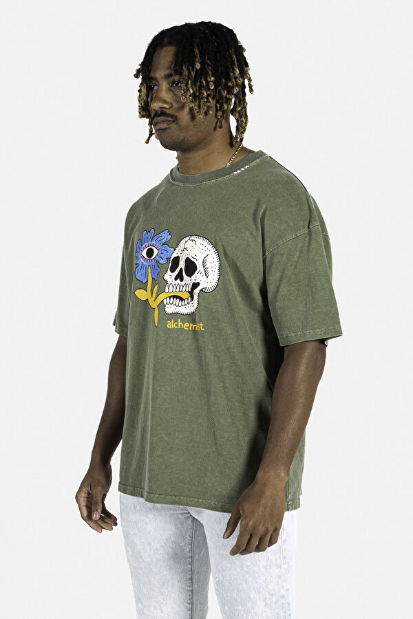 Oversize Haki Bisiklet Yaka Baskılı T-Shirt 3