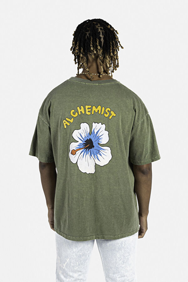 Oversize Haki Bisiklet Yaka Baskılı T-Shirt 4
