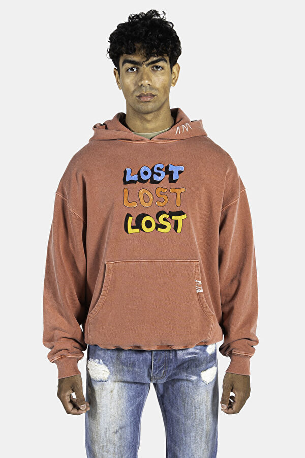 Kiremit Oversize Kapuşonlu Erkek Sweatshirt