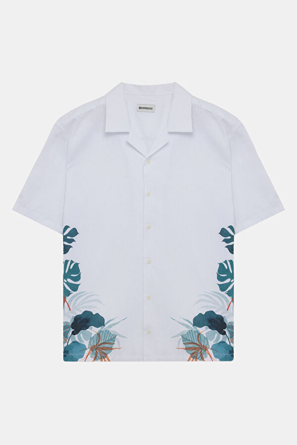 White Printed Resort Collar Cotton/Linen Men's Shirt 4