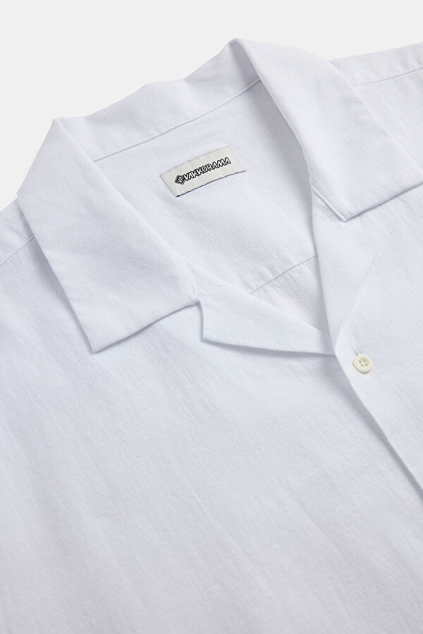 White Printed Resort Collar Cotton/Linen Men's Shirt 6