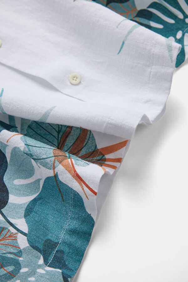 White Printed Resort Collar Cotton/Linen Men's Shirt 7
