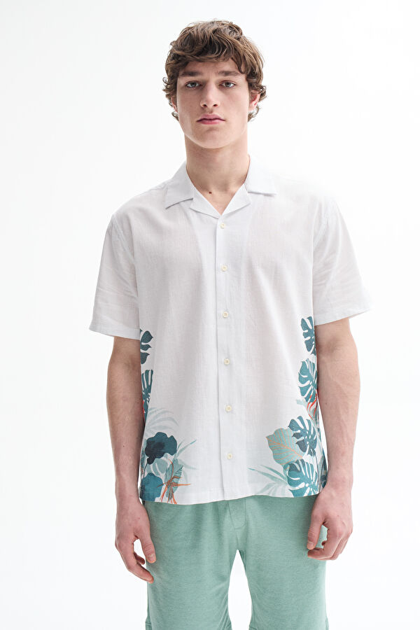 White Printed Resort Collar Cotton/Linen Men's Shirt