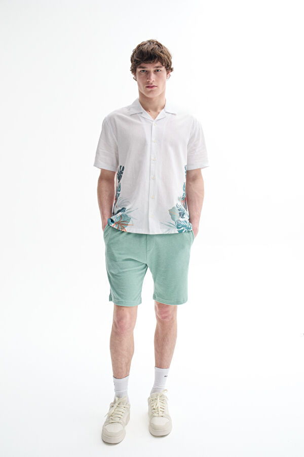 White Printed Resort Collar Cotton/Linen Men's Shirt 3