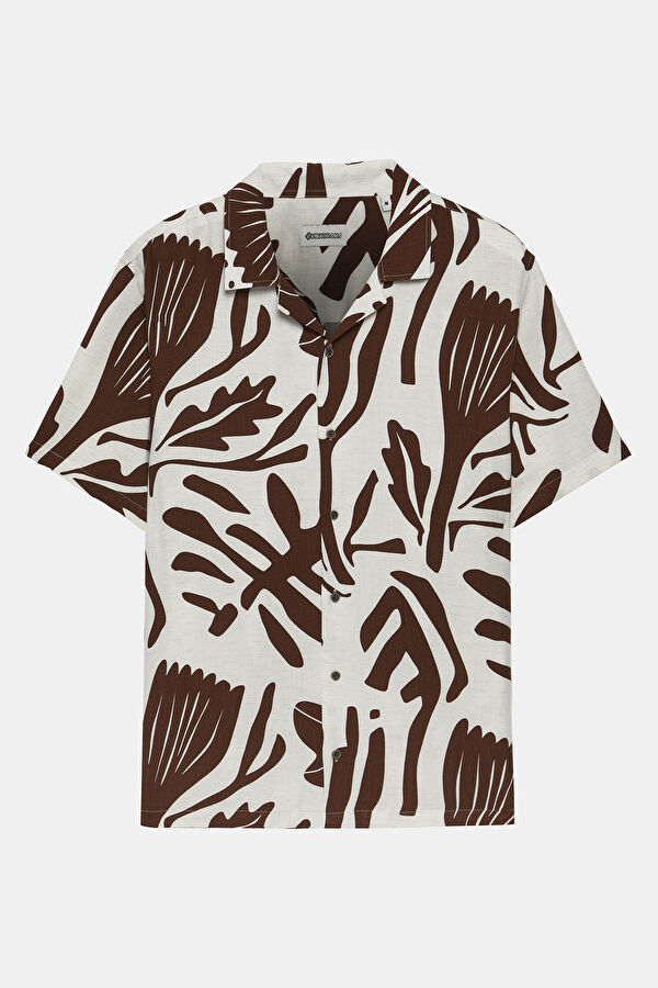 Beige Patterned Resort Collar Linen Viscose Men's Shirt 4