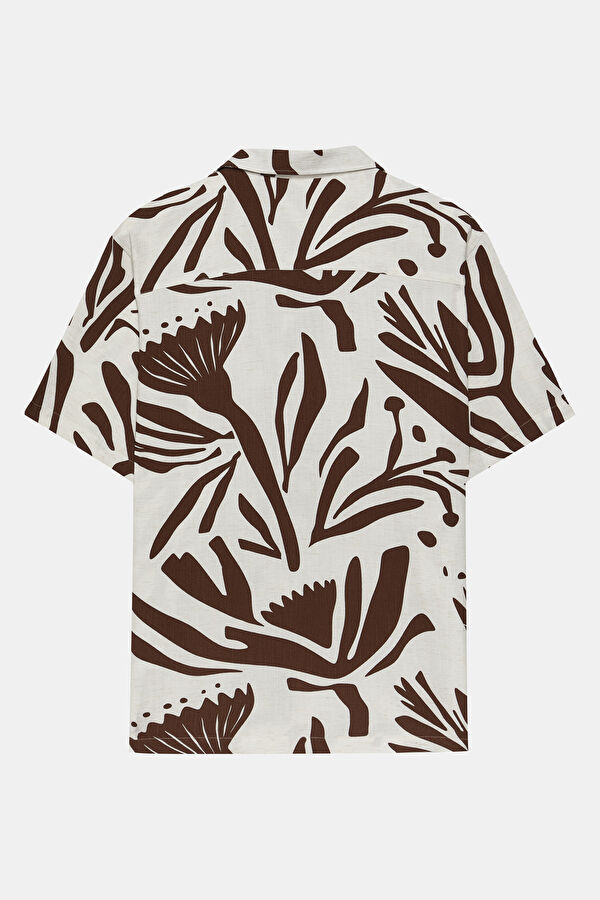 Beige Patterned Resort Collar Linen Viscose Men's Shirt 5