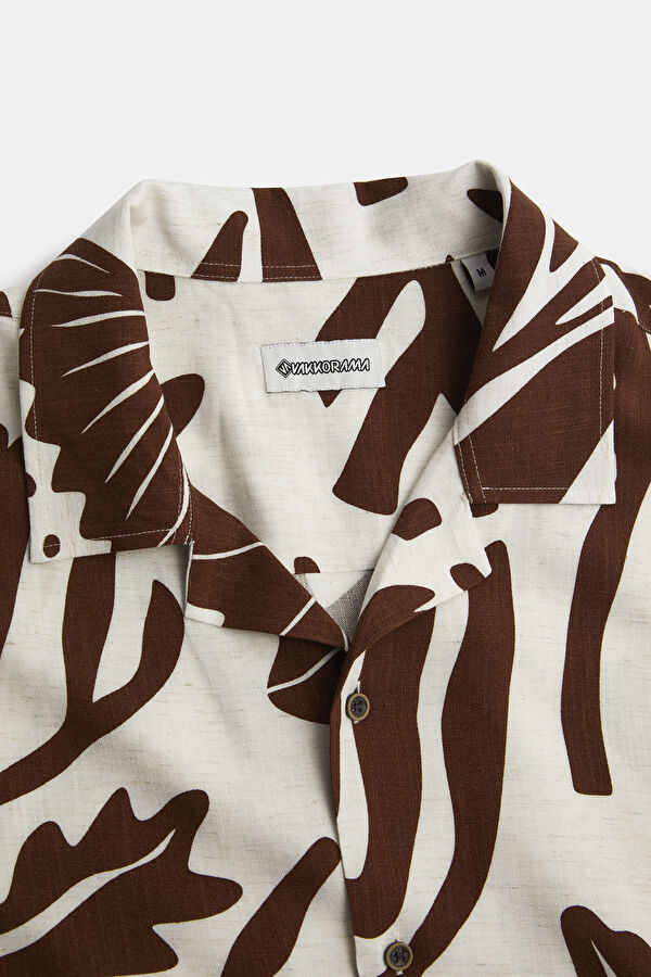Beige Patterned Resort Collar Linen Viscose Men's Shirt 6
