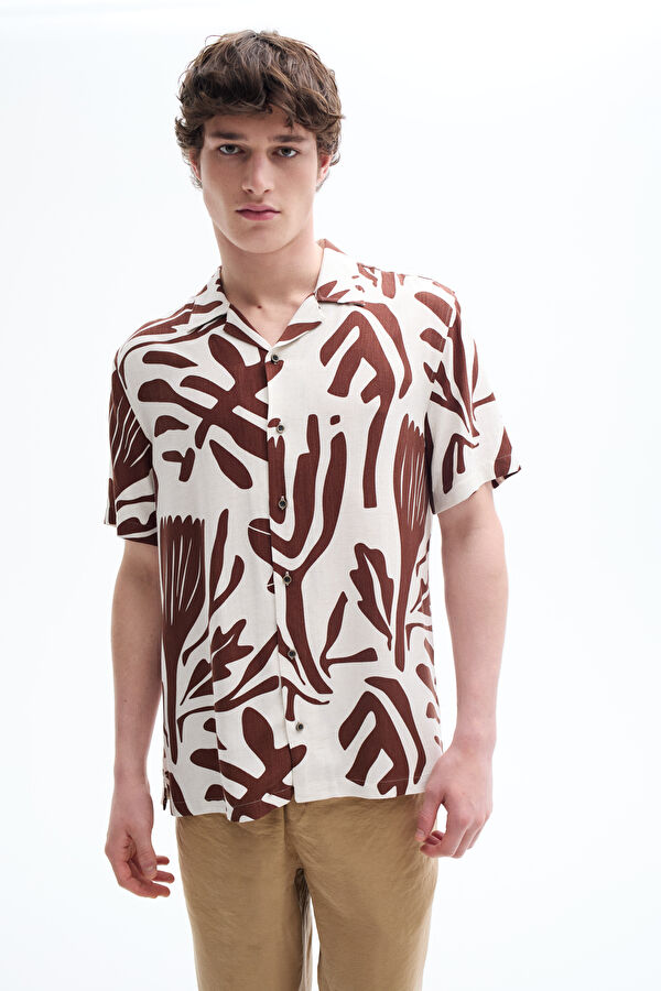 Beige Patterned Resort Collar Linen Viscose Men's Shirt