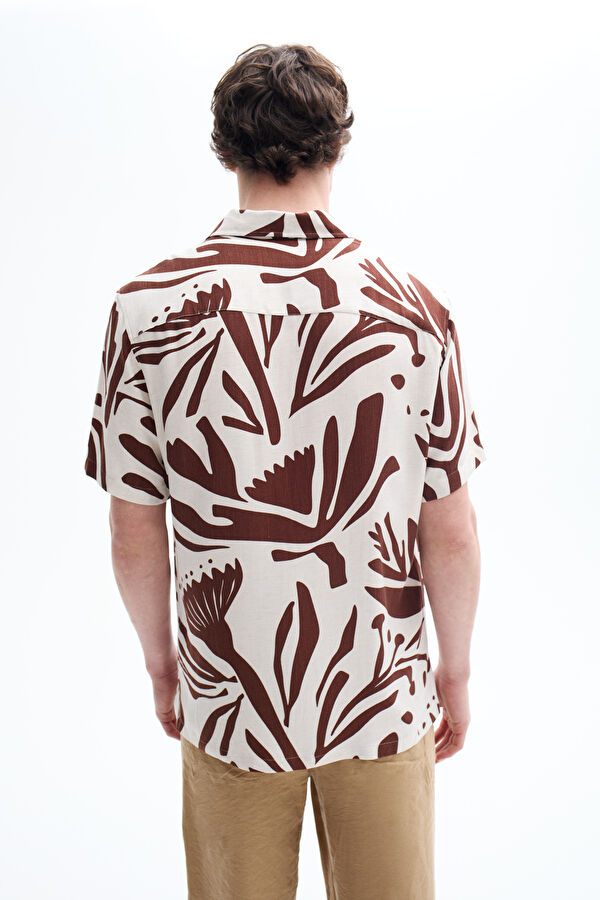 Beige Patterned Resort Collar Linen Viscose Men's Shirt 2