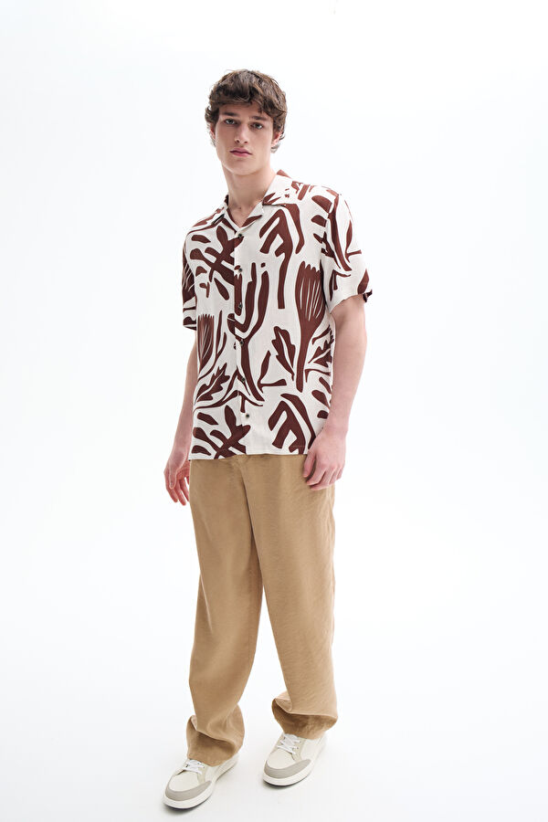 Beige Patterned Resort Collar Linen Viscose Men's Shirt 3