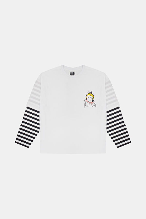 Oversize Beyaz Bisiklet Yaka Baskılı T-Shirt