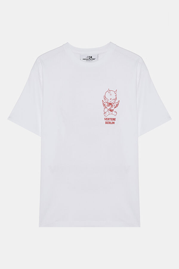 Oversize Beyaz Bisiklet Yaka Baskılı T-Shirt