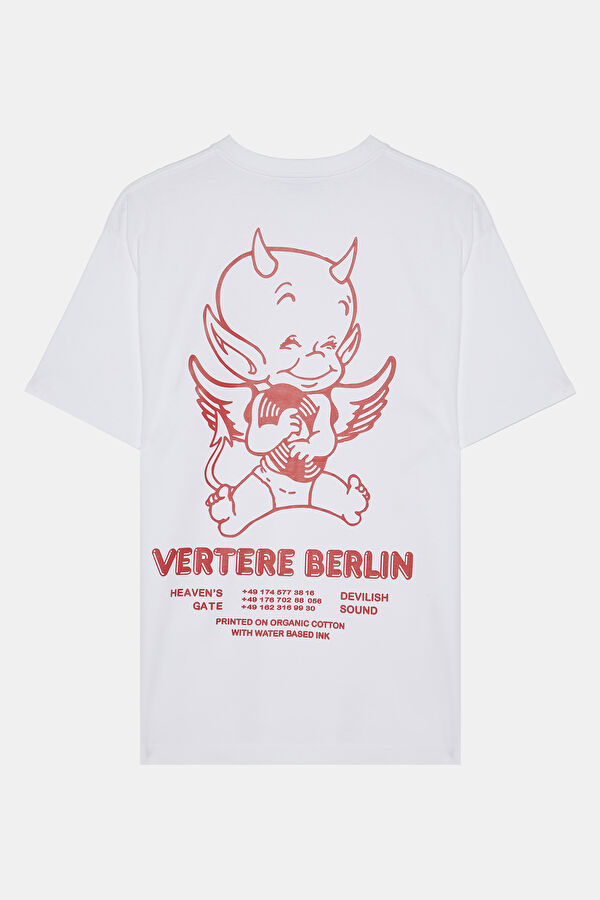 Oversize Beyaz Bisiklet Yaka Baskılı T-Shirt 2