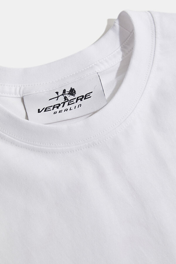 Oversize Beyaz Bisiklet Yaka Baskılı T-Shirt 3