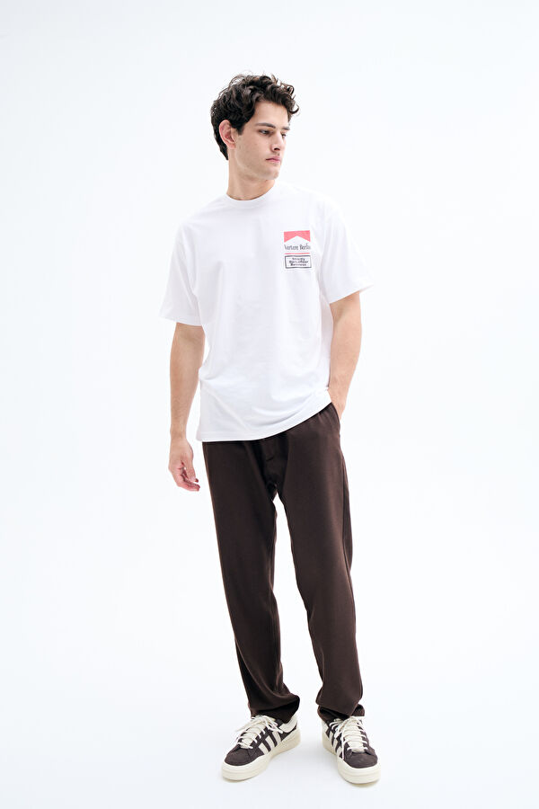 Oversize Beyaz Bisiklet Yaka Baskılı T-Shirt