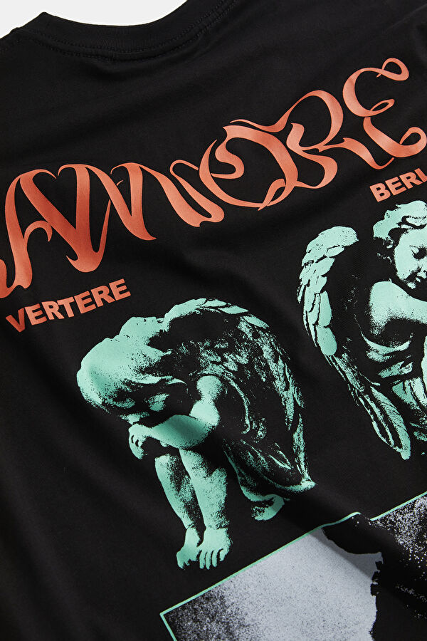 Oversize Black Crew Neck Printed Men's T-Shirt 5