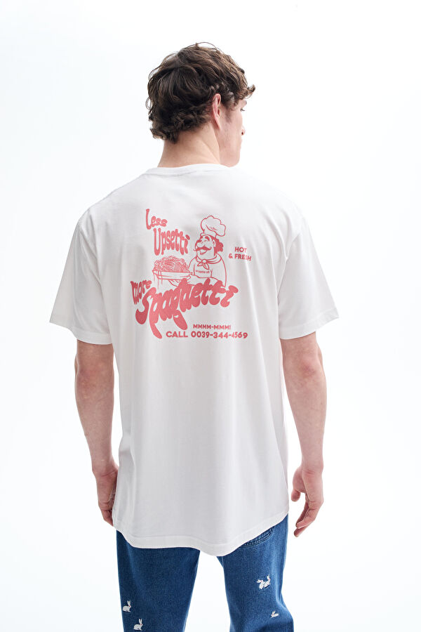 Relax Kalıp Beyaz Bisiklet Yaka Baskılı T-Shirt 2