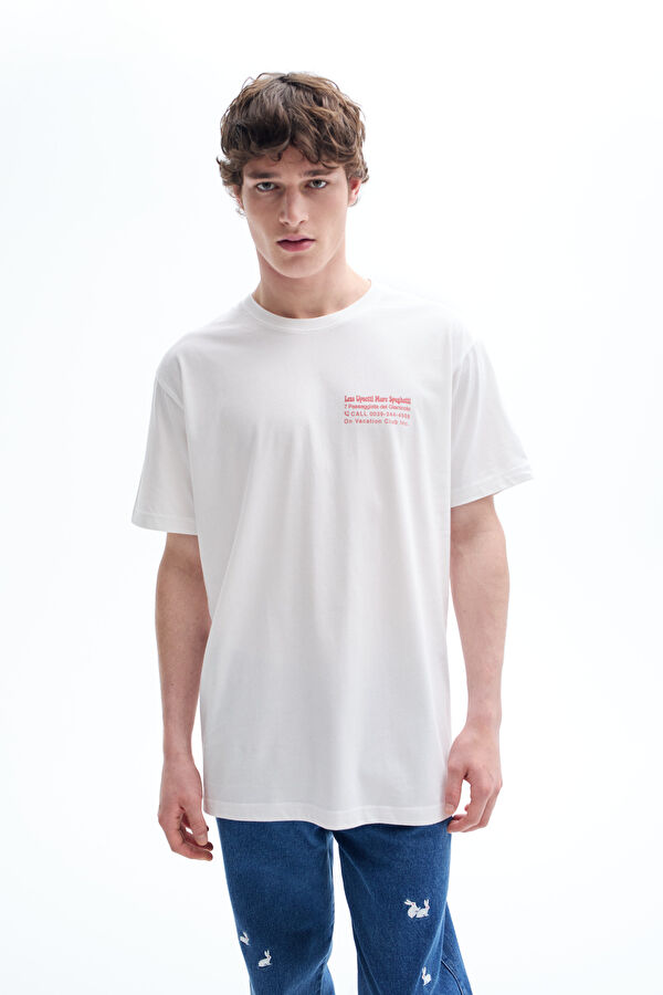Relax Kalıp Beyaz Bisiklet Yaka Baskılı T-Shirt 3