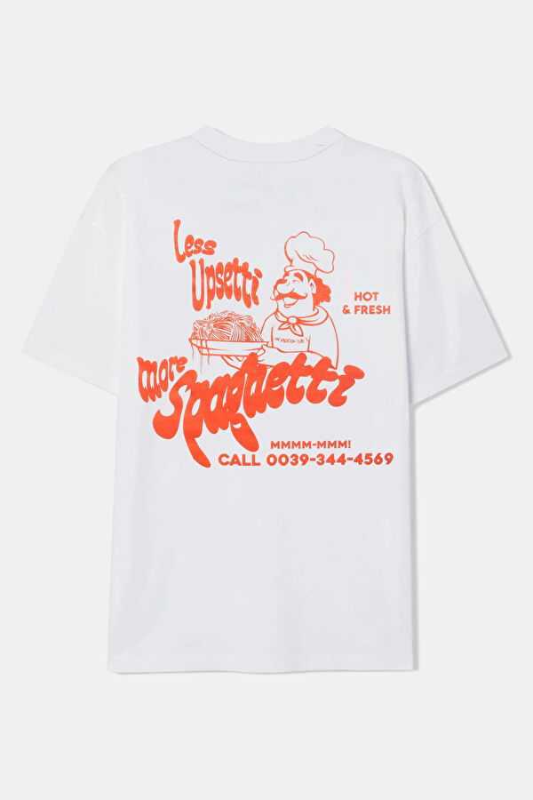 Relax Kalıp Beyaz Bisiklet Yaka Baskılı T-Shirt 5