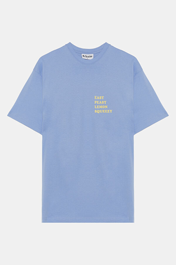 Relax Kalıp Açık Mavi Bisiklet Yaka Baskılı T-Shirt