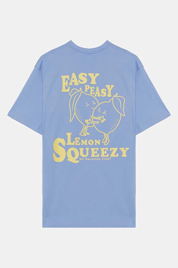Relax Kalıp Açık Mavi Bisiklet Yaka Baskılı T-Shirt 2