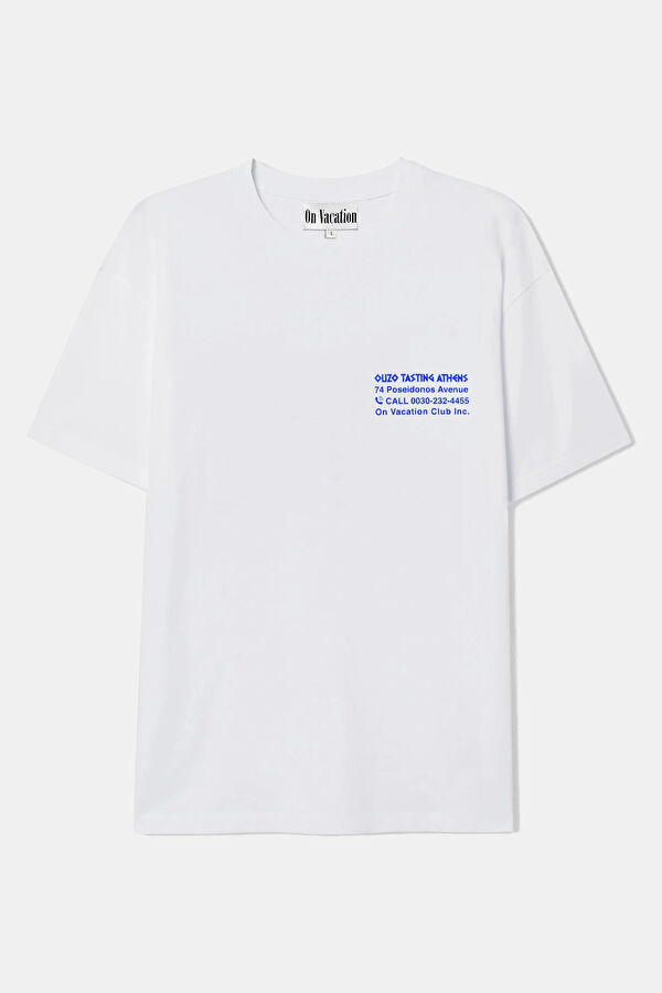 Relax Kalıp Beyaz Bisiklet Yaka Baskılı T-Shirt