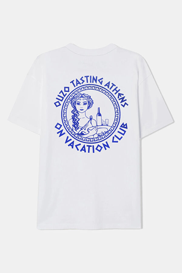 Relax Kalıp Beyaz Bisiklet Yaka Baskılı T-Shirt 2