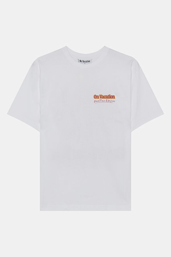 Relax Kalıp Beyaz Bisiklet Yaka Baskılı T-Shirt 4
