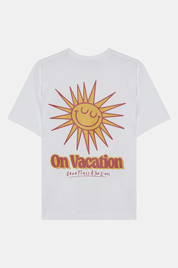 Relax Kalıp Beyaz Bisiklet Yaka Baskılı T-Shirt 5