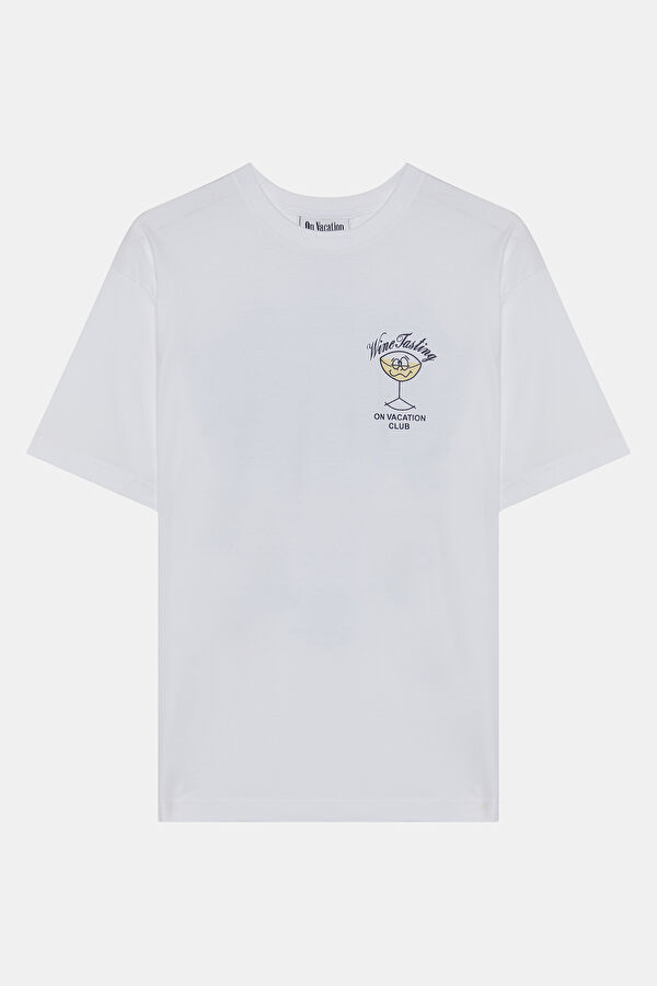 Relax Kalıp Beyaz Bisiklet Yaka Baskılı T-Shirt