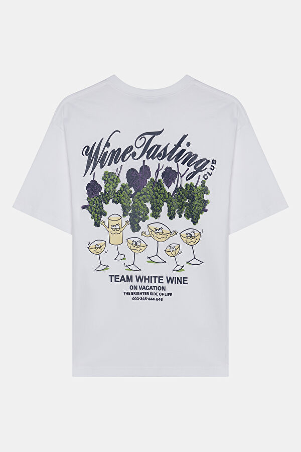 Relax Kalıp Beyaz Bisiklet Yaka Baskılı T-Shirt 2
