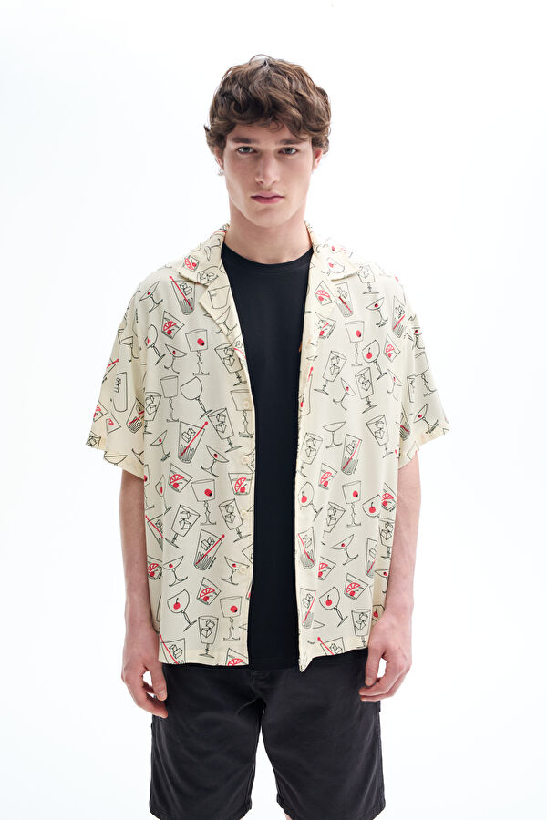 Relax Fit Sand Design Filled Retro Shirt