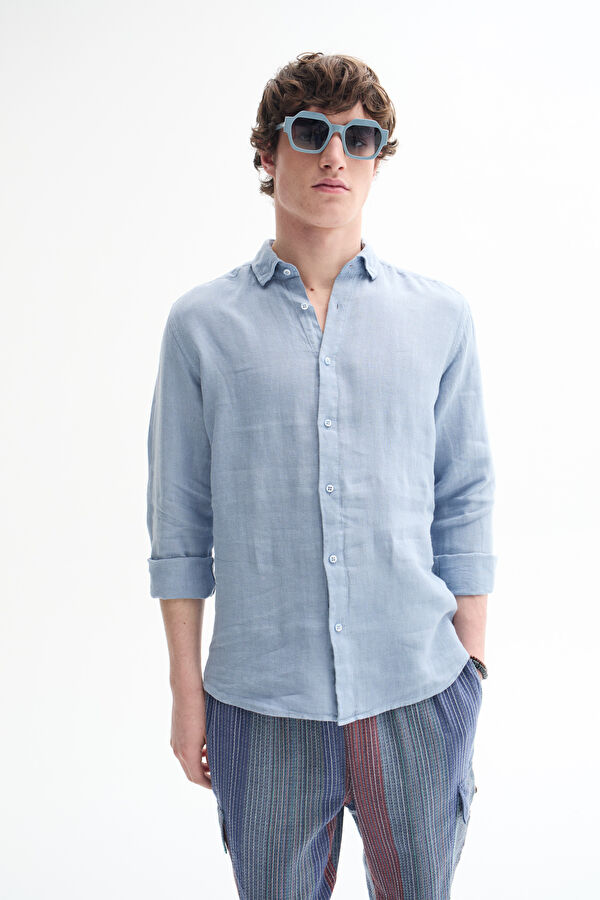 Blue Regular Linen Men's Shirt